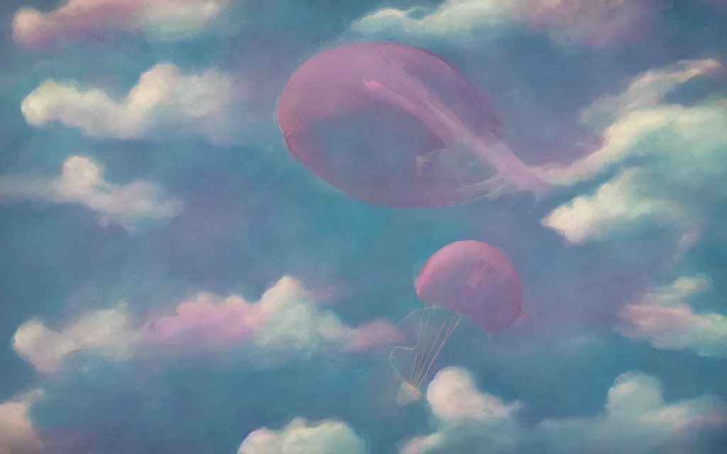 Image similar to streampunk dirigible floating between swirling clouds. pastel colors. haze.