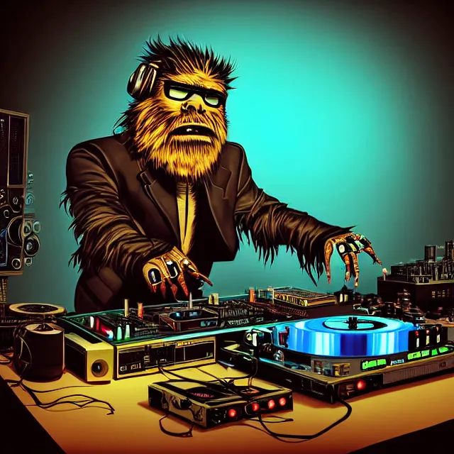 Image similar to a photograph portrait of an anthropomorphic cyberpunk bigfoot dj at the turntables spinning records, detailed render, tape deck, boombox, headphones, epic composition, cybernetics, 4 k realistic, cryengine, realistic shaded lighting, sharp focus, masterpiece, by matteo scalera, gary montalbano, peter elson in the style of the tokyo ghost comic