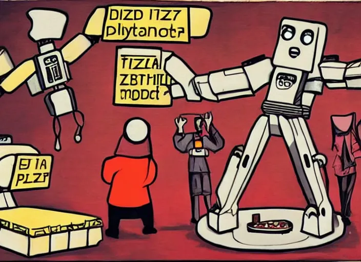 Prompt: dystopian art, a pizza slice robot dictator delivering a propaganda speech to human robots