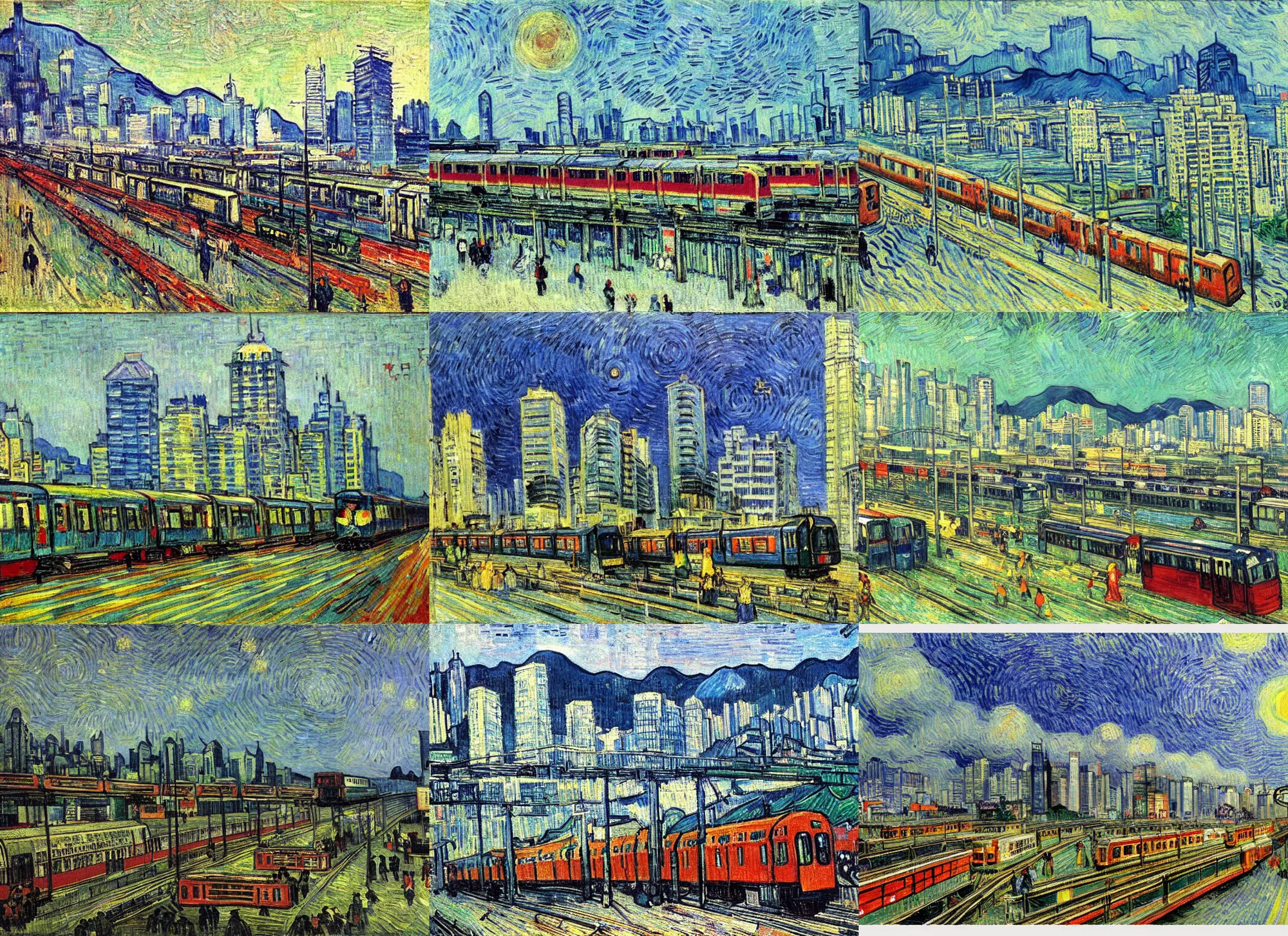 Prompt: the hong kong mass transit railway, sorrounded by skyscrapers, painting by van gogh, post impressionism