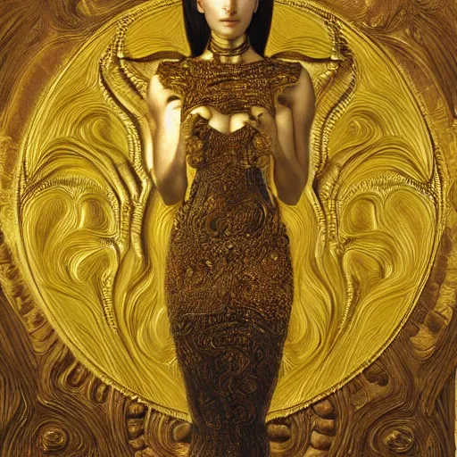 Image similar to sponge sculpture of hel goddess of the death, viking culture, intricate, elegant, digital painting, smooth, sharp focus, shiny gold, realistic gold, realistic metal, by william - adolphe bouguereau and gustav klimt,