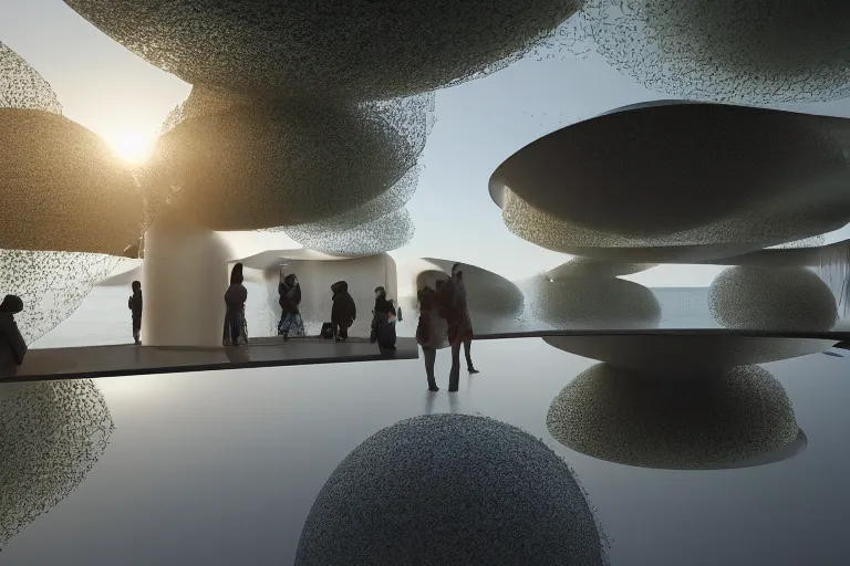 Image similar to many white egg shaped spherical spaces are combined to form a building. on the calm lake, people's perspective, future, interior wood, marble, award winning, highly detailed 4 k art, dusk, unreal engine highly rendered, global illumination, radial light, internal environment by kazuyo sejima and pierre cardin