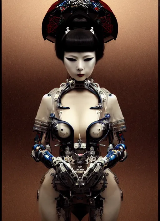 Image similar to portrait of a seductive cybernetic latex geisha mechs, modern fine art, fractal, in the style of ghosts in the machine, intricate ornaments, elegant, highly detailed, digital photography, subsurface scattering, by greg rutkowski,