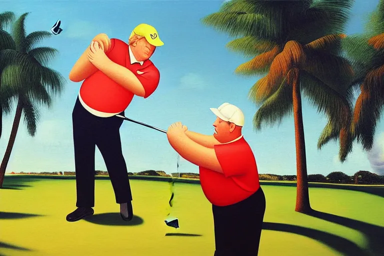 Image similar to chubby Donald Trump with red base cap playing golf on a golf course nearby the sea in the sunset with palms, by Botero, oil painting