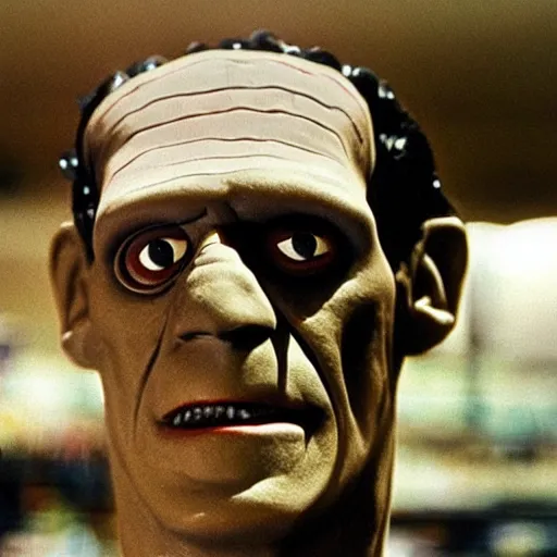 Image similar to foto of frankenstein in the grocery store, restored color, 4 k