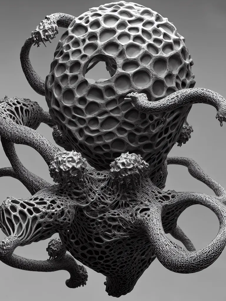 Image similar to realistic detailed image of a voronoi object, diorama, render by by Zhelong Xu, Beksinsky, Hou Yimin, Giger, Dan Howard, Haeckel, desaturated, masterpiece