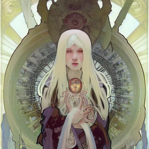 Image similar to portrait of small, rubbery, huge-eyed, big-lipped albino mutant priestess with elaborate white hair by Alphonse Mucha, Greg Rutkowski, Anato Finnstark, and Studio Ghibli