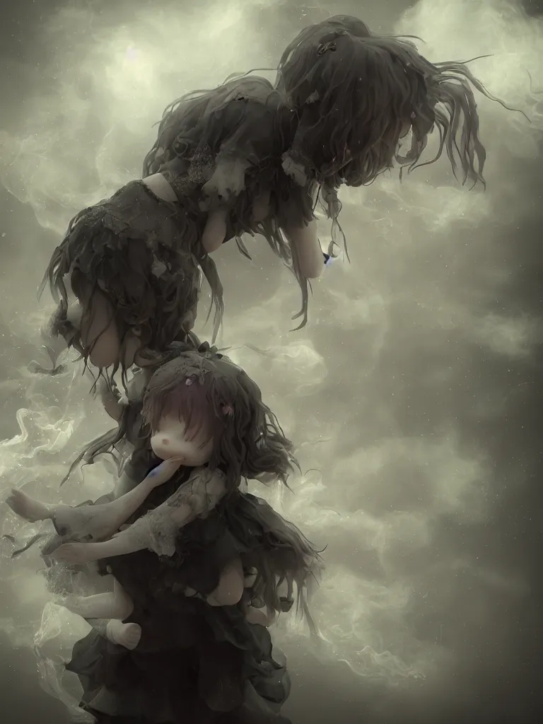 Image similar to cute fumo plush of a cursed frail witch girl held tight in the arms of a ghost mother, hugging and cradling, anime, melting volumetric smoke and fog, environment map pbr reflective stormy water, gothic maiden, bokeh, vignette, vray