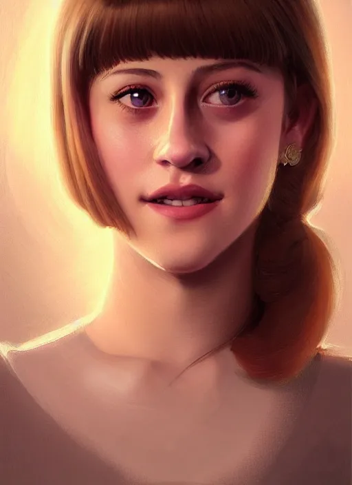 Prompt: portrait of teenage lili reinhart with bangs, smiling kindly, bangs, 1 9 6 0 s, ponytail, bangs and ponytail, intricate, elegant, glowing lights, highly detailed, digital painting, artstation, concept art, smooth, sharp focus, illustration, art by wlop, mars ravelo and greg rutkowski