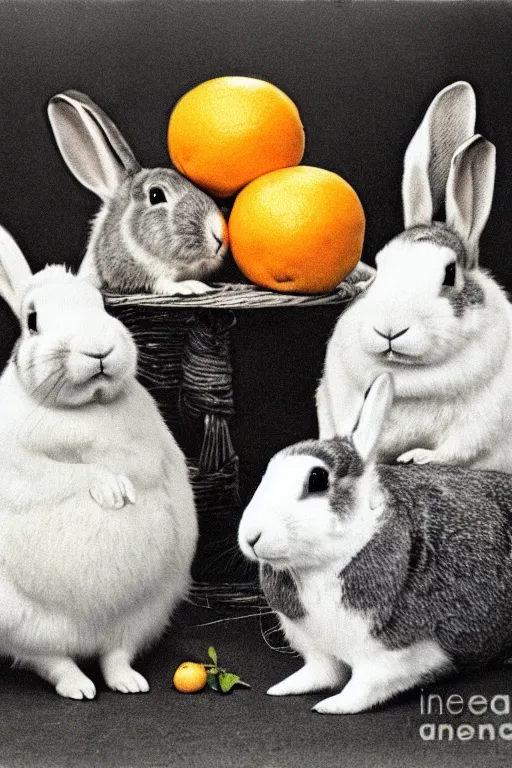 Image similar to fat rabbits with oranges vintage photograph