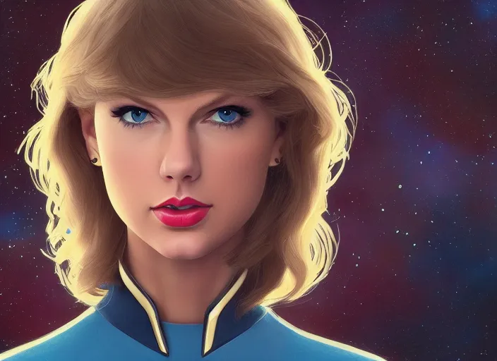 Image similar to a disney film still of taylor swift as a star trek officer, finely detailed features, closeup of the face, perfect art, dusk, blue hour, gapmoe yandere grimdark, trending on pixiv fanbox, painted by greg rutkowski, makoto shinkai, takashi takeuchi, alphonse mucha, akihiko yoshida