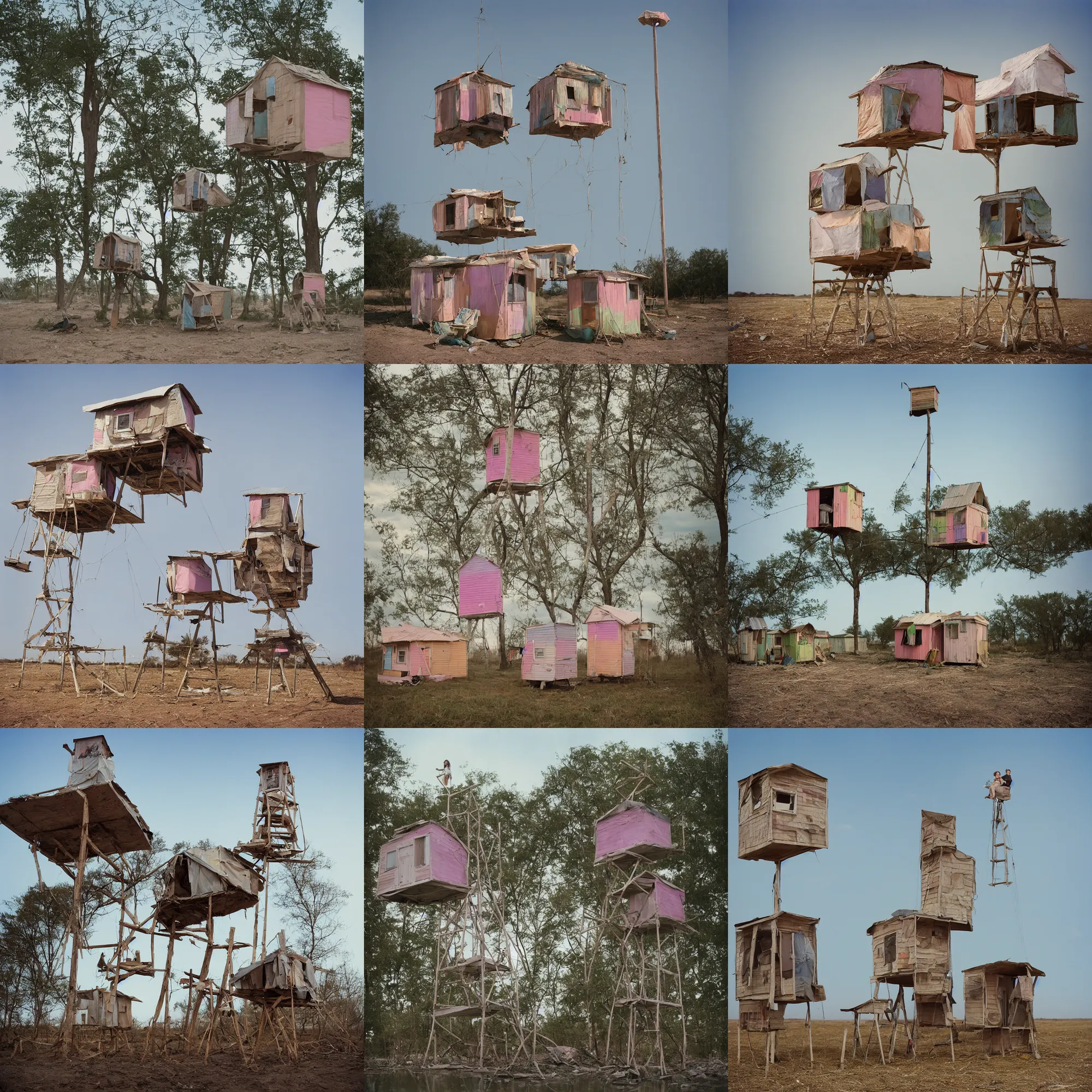 Prompt: a suspended tower over a quagmire, made up of makeshift squatter shacks with pastel colours, mamiya, 8 5 mm, f 1. 7, fully frontal view, uniform plain sky, photographed by julie blackmon