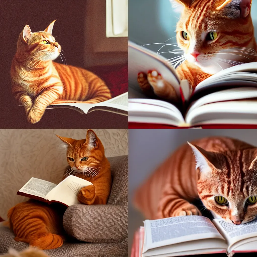 Prompt: a red tabby cat reading a book