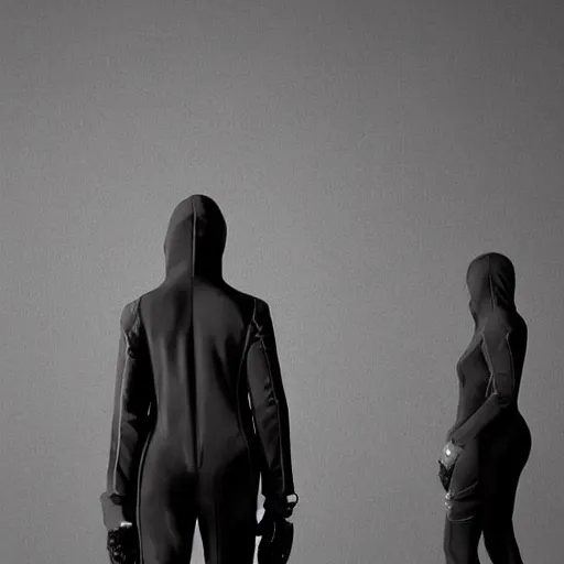 Image similar to love, diverse many dark grey cybersuits, from behind, grey rituals, wide wide angle, vivid, elaborate, highly detailed, beautiful lighting