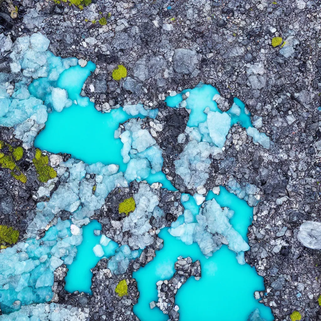 Prompt: bright blue pools of water surrounded by large facetted slabs of obsidian, patches of green moss, icy glaciers, Iceland, birds eye view