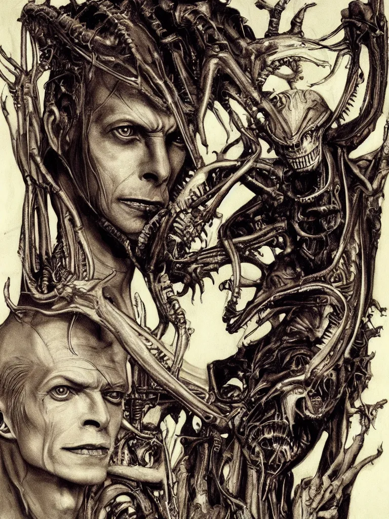 Image similar to a beautiful portrait of david bowie with a xenomorph alien queen by h.r. giger and by arthur rackham, detailed, proportional, trending on art station, 4k