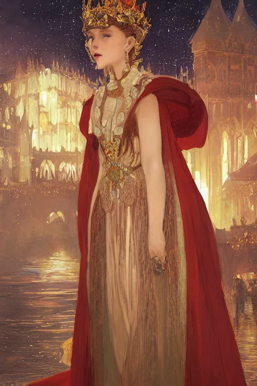 Image similar to a beautiful painting of a crowned princess in a flowing gown resembling millie bobby brown watching the lantern festival in ancient london, at night with a sky full of stars, intricate, elegant, highly detailed, digital painting, artstation, concept art, by krenz cushart and artem demura and alphonse mucha