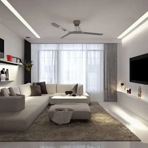 Prompt: modern living room apartment, white color scheme, concept art, bright