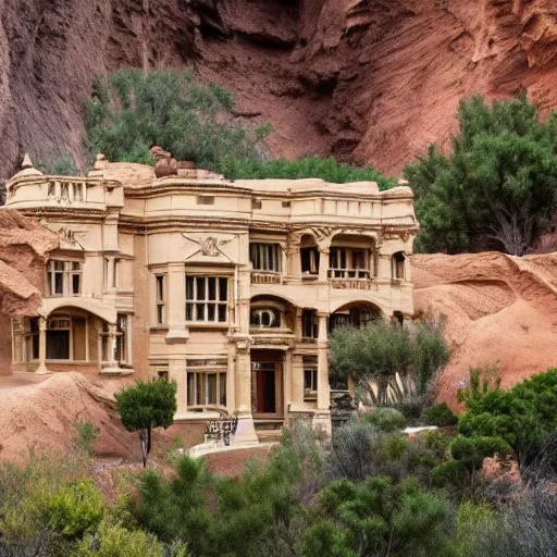 Prompt: a large, victorian mansion covered in sand in a canyon.