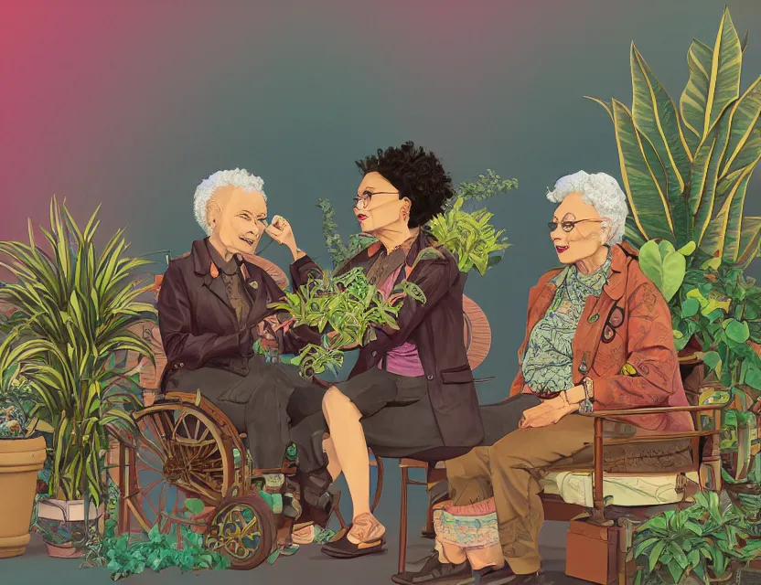 Prompt: elderly lesbian multiracial couple in steampunk vaporwave train with potted plants. complementary colors, gouache, indie concept art, bloom, chiaroscuro, backlighting, intricate details.