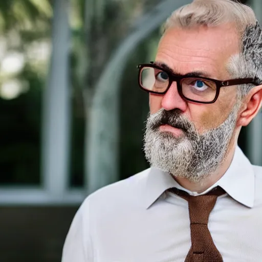 Prompt: 5 5 year old white man, tall, salt and pepper curly short hair, looks smart, salt and pepper short beard, wearing round glasses, a white shirt and a brown vest.