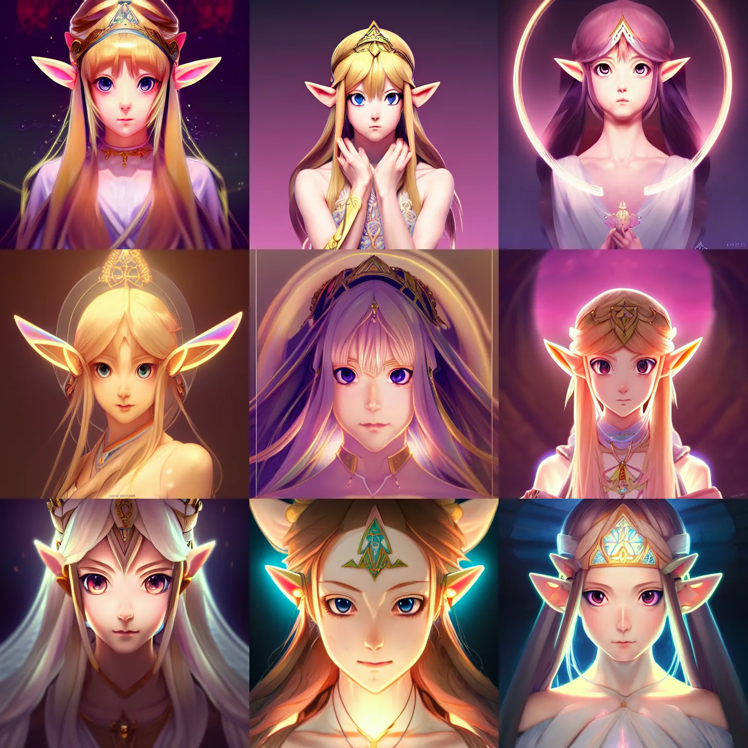 Prompt: symmetry, portrait of anime girl princess zelda, ultra detailed, sublime, elegant, intricate, anime, dynamic lighting, glowing lights, smooth, digital art, digital painting, artstation, wlop, sharp focus, low key, illustration, art by artgerm and greg rutkowski and alphonse mucha and frazetta, 8 k