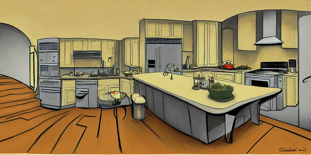 one point perspective kitchen drawing