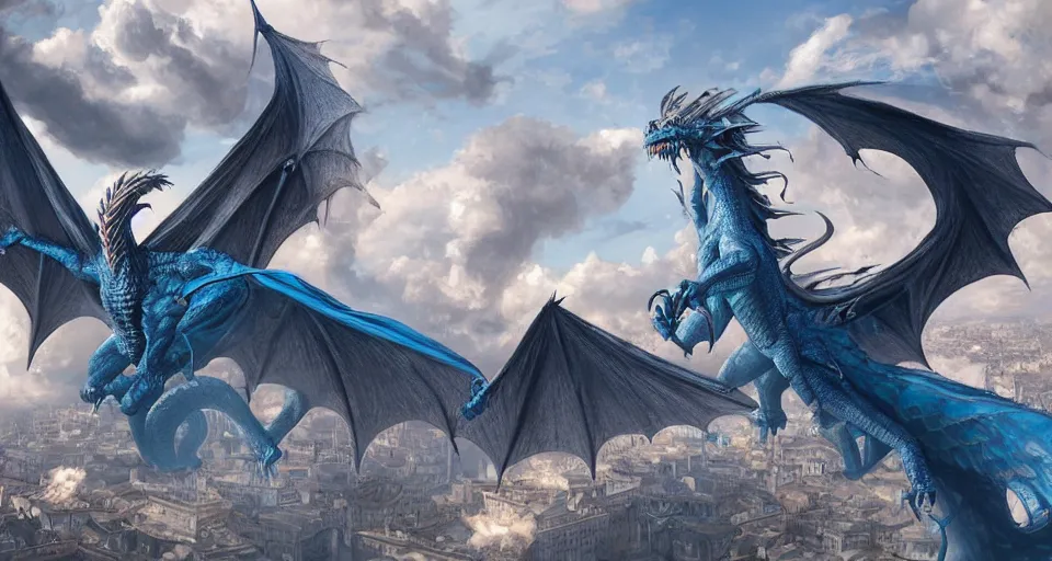 Image similar to single large dragon flying over medieval city, in style of artgerm and charlie bowater, 8k, hyper detailed, cold blue tones