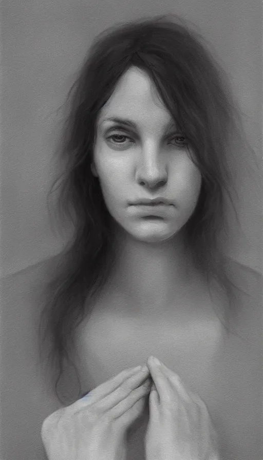 Image similar to cinematic portrait of young and severe woman with a crooked nose, intricate, elegant, by alyssa monks, highly detailed, symmetrical face, fine details, masterpiece, trending on artstation