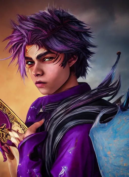 Image similar to An epic fantasy comic book style portrait painting of teenager boy with straight indigo hair, purple eyes with red eye markers, slim body, wearing a detailed Japanese kimono with golden armpieces, holding a pair of fans. Unreal 5, DAZ, hyperrealistic, octane render, cosplay, RPG portrait, dynamic lighting