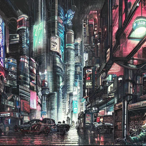 Image similar to hyper detailed illustration of a cyberpunk city at nighttime with rain, by Kev Walker, simon bisley and paolo parente