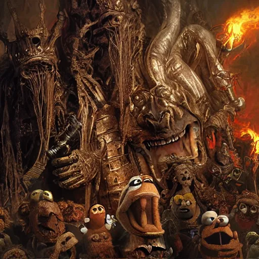 Image similar to muppets king of hell hell with trumpeters, intricate detail, royo, vallejo, frazetta, giger, whealan, hd, unreal engine,