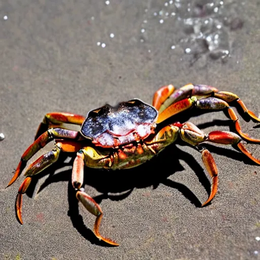 Prompt: A crab contemplating the sea. Peaceful. Hyper detailed. Ultra realistic. High quality. High resolution