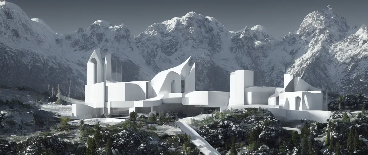 Prompt: extremely beautiful architecture photo of a white futurist monastery surrounded by black snowy mountains, the structure is futuristic and geometric, sharp focus, clear focus, beautiful, award winning architecture, hopeful, quiet, calm, serene, extremely beautiful lighting, cinematic composition by dennis villeneuve, christopher nolan, frank lloyd wright, modern, render, architectural, architecture, realistic, clear