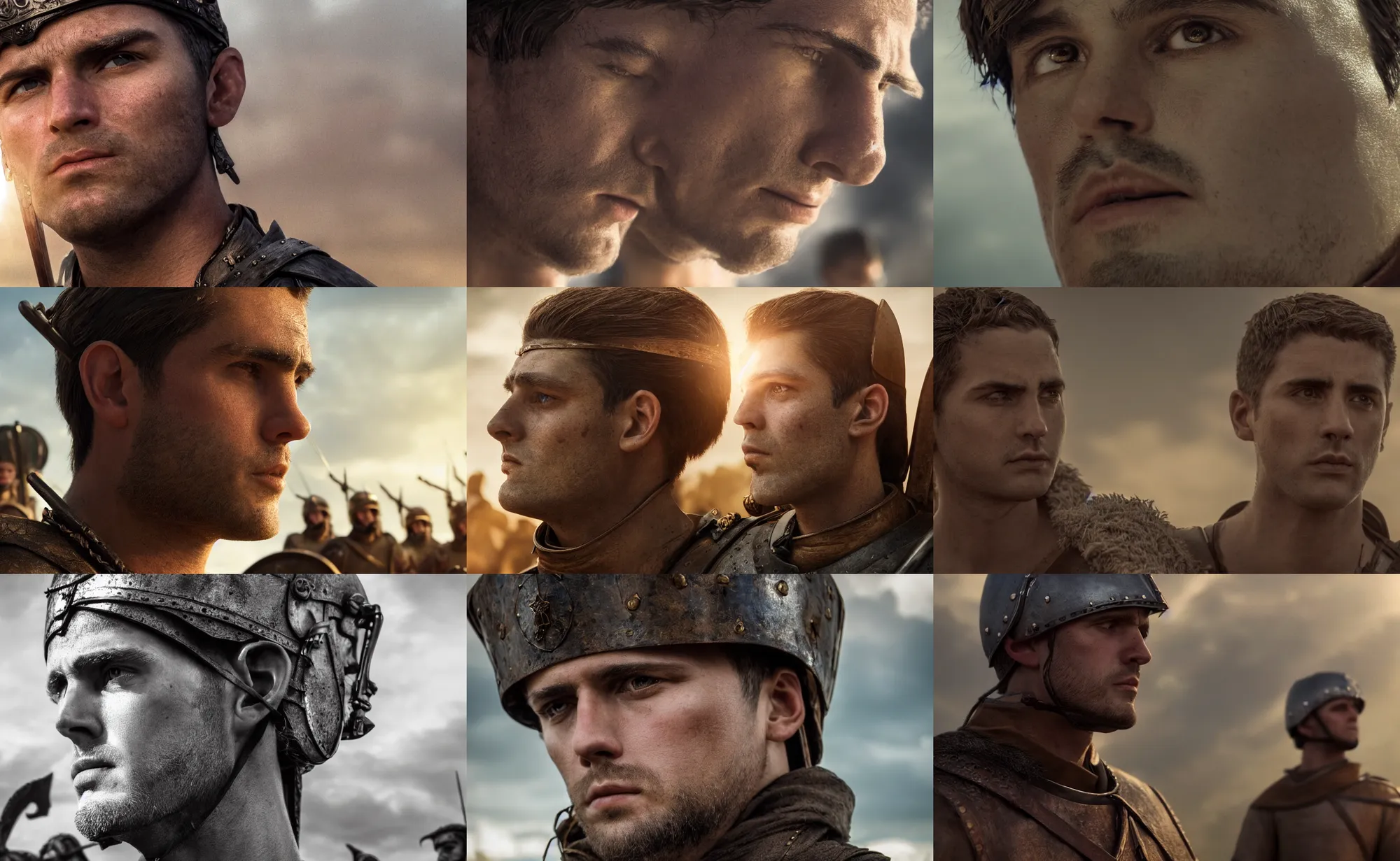 Prompt: dramatic cinematic close up artwork of a single medieval commander in his twenties, clean shaven with short brown hair, hazel eyes and a small chin staring into the distance solemnly in front of his warriors by greg rutowski, 4 k, masterpiece, sun rays