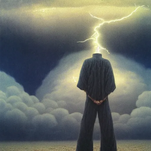 Image similar to killua zoldyck made by zdzisław beksinski, thunderstorm, 8 k, detailed, cinematic,