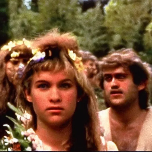 Prompt: vhs 1 9 8 0 s footage of a scene from the movie midsommar