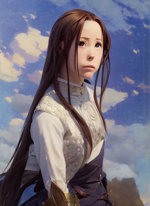 Image similar to portrait of Asuna Yuuki, countryside, fantasy character portrait, dynamic pose, above view, view from above, sunny day, thunder clouds in the sky, artwork by Jeremy Lipkin and Giuseppe Dangelico Pino and Michael Garmash and Rob Rey, very coherent symmetrical artwork, perfect face, simple form, 100mm
