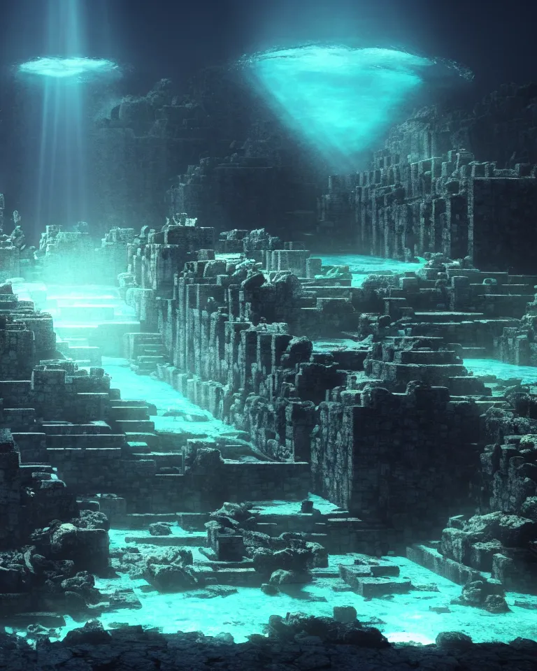 Image similar to ultrawide shot of submerged pre - incan temple, anime style mixed with fujifilm, dark, underwater, symmetrical, bubbles, abyss, dark, murky, foggy, atmospheric, crepuscular rays, artstation, cgsociety, octane render, cgi, unreal engine 5, denoise, detailed, cinematic masterpiece