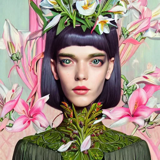 Image similar to pretty model with lilies : : by martine johanna and simon stalenhag and chie yoshii and casey weldon and wlop : : ornate, dynamic, particulate, rich colors, intricate, elegant, highly detailed, vogue, harper's bazaar art, fashion magazine, smooth, sharp focus, 8 k, octane render