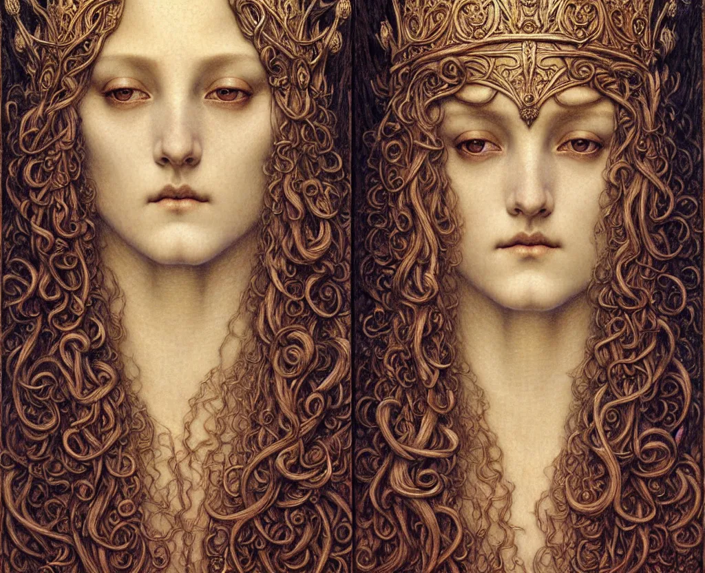 Image similar to detailed realistic beautiful young medieval queen face portrait by jean delville, gustave dore and marco mazzoni, art nouveau, symbolist, visionary, gothic, pre - raphaelite. horizontal symmetry