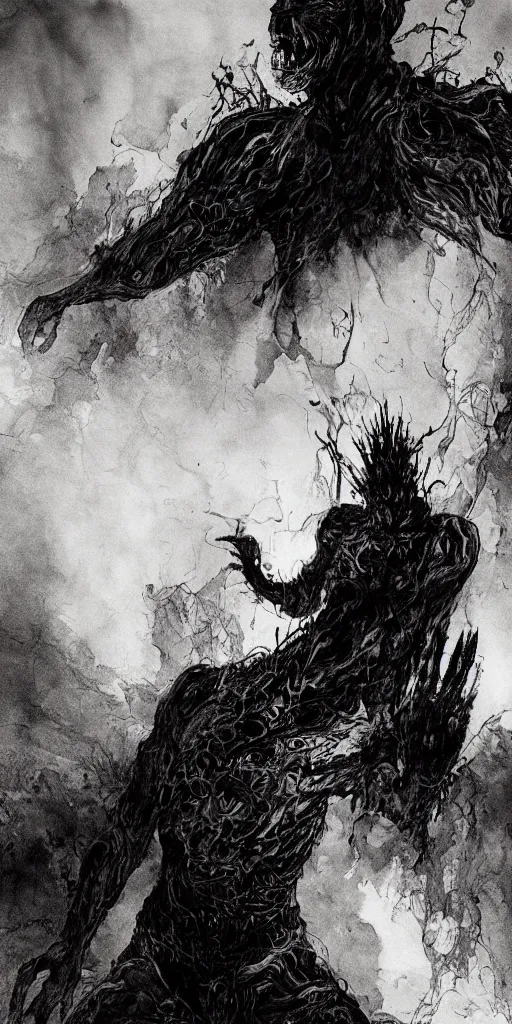 Image similar to concept art of a evil man with his body covered in burns, with black smoke coming out of his hands, full body, dark colors, sinister atmosphere, dramatic lighting, cinematic, establishing shot, extremely high detail, photo realistic, cinematic lighting, pen and ink, intricate line drawings, by Yoshitaka Amano, Ruan Jia, Kentaro Miura, Artgerm, post processed, concept art, artstation, matte painting, style by eddie mendoza, raphael lacoste, alex ross,