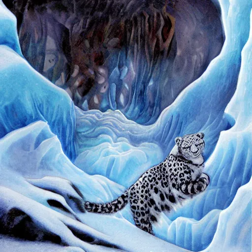 Image similar to riding the snow leopard into the translucent ice caves. melancholy undertones, high fantasy art official contest submission 3 8 4 0