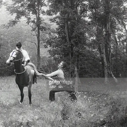 Image similar to a man taming a horse in the forest. Detailed Photograph.