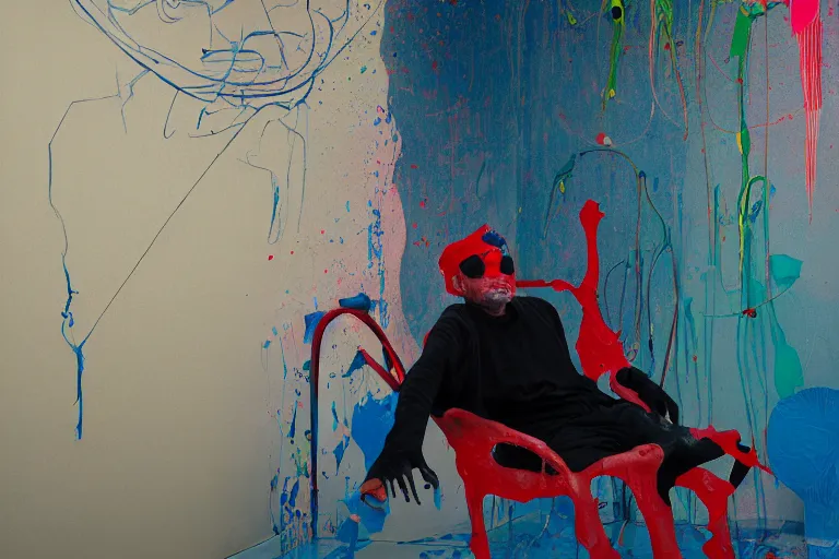 Prompt: portrait of a morphed painter sitting in a chair contemplating, art by james jean and luc tuymans and vincent lefevre and hernan bas and pat steir and hilma af klint, psychological, dripping paint, high quality render, cg society contest winner, retrofuturism, masterpiece