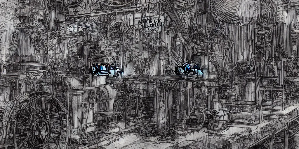 Prompt: Hissing bellows of colorful steam from the strange machine in the busy workshop. Black ink line drawing over a watercolor. Ethereal colors. 4K.