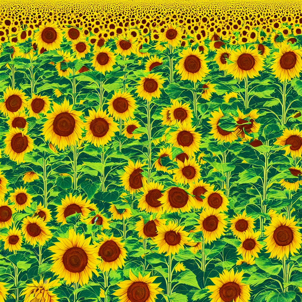 Image similar to A Communist Propaganda Poster of a sunflower field with a large missile in the center of the image.