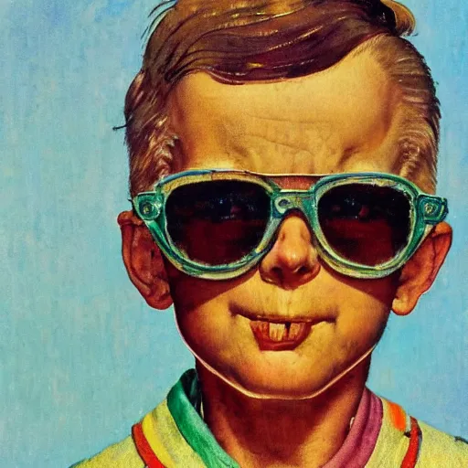 Prompt: a norman rockwell painting of a old - fashioned - young - boy wearing brightly colored cheap sunglasses