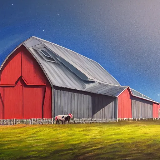 Image similar to exterior view of modern futuristic farm barn architecture, cows, pigs, chickens, detailed luminescent oil painting 4 k