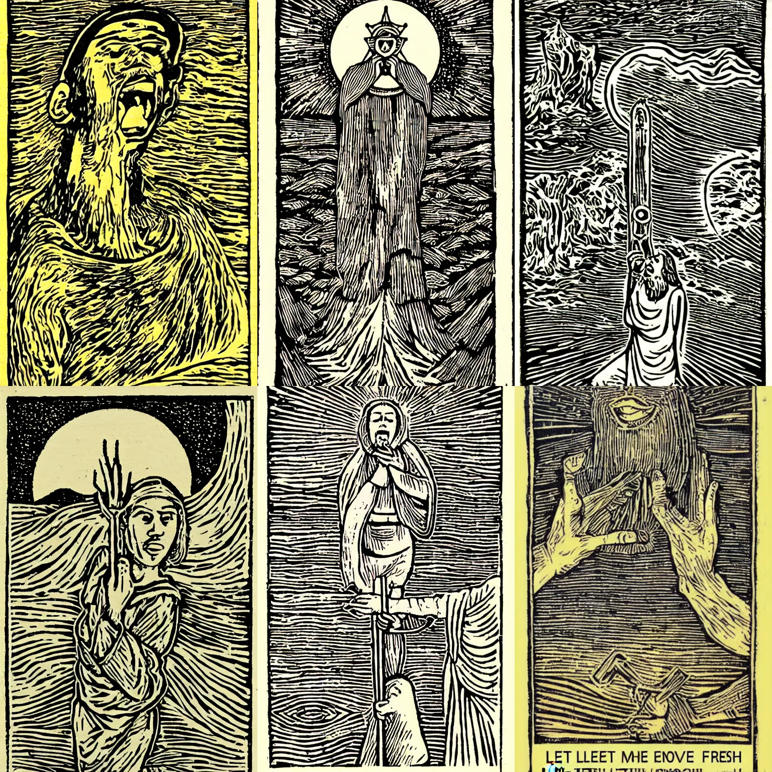 Prompt: let my mouth be ever fresh with praise, bold woodcut art, ( tarot the world ), symbolism